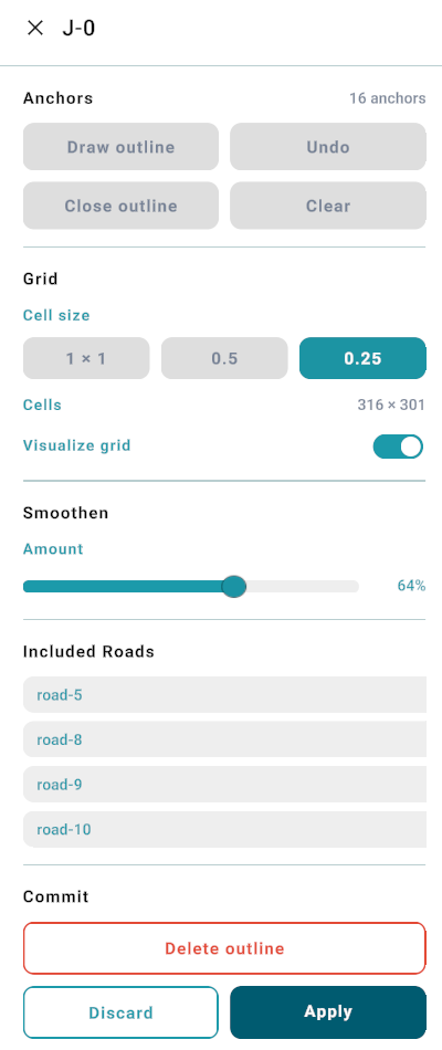 Junction / Elevation Grid detail panel: Junction ID, Anchors, Draw outline, Undo, Close outline, Clear, Grid cell size, Cells, Visualize grid, Smoothen, Included Roads, Delete outline, Discard, and Apply