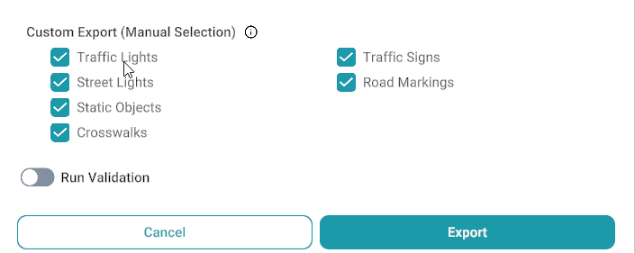 Custom Export manual selection checklist with Traffic Lights, Traffic Signs, and other map elements