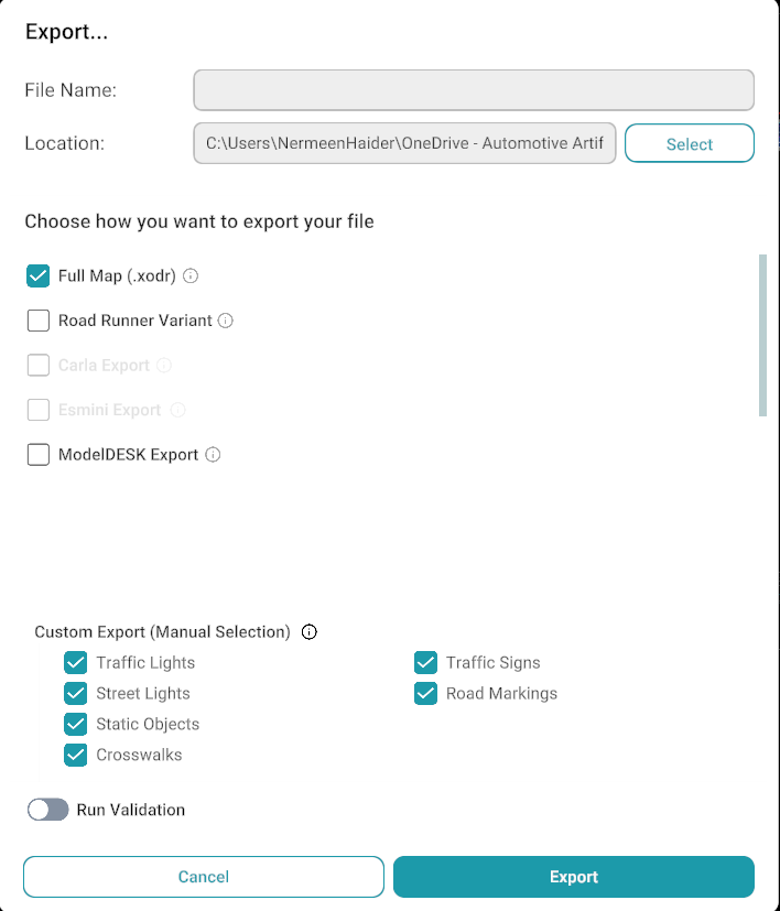 Export dialog showing Full Map, Road Runner, ModelDESK, CARLA, and Esmini export options