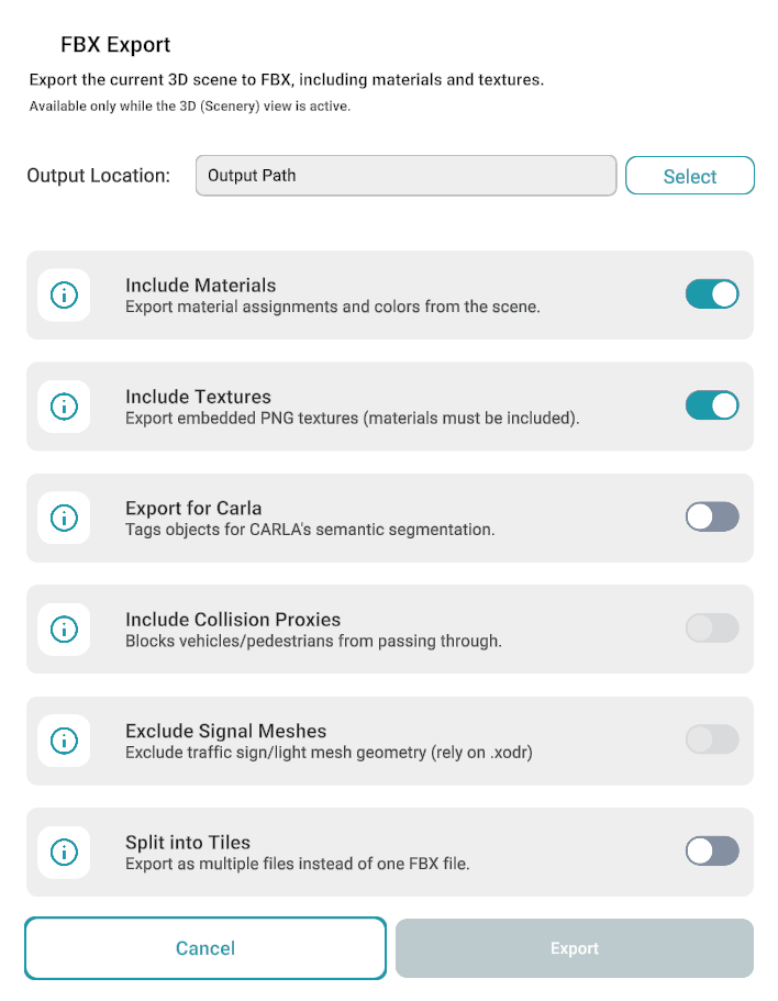 FBX Export dialog with output location and export options