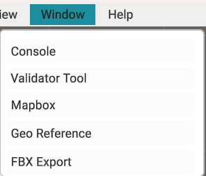 Window menu with FBX Export option