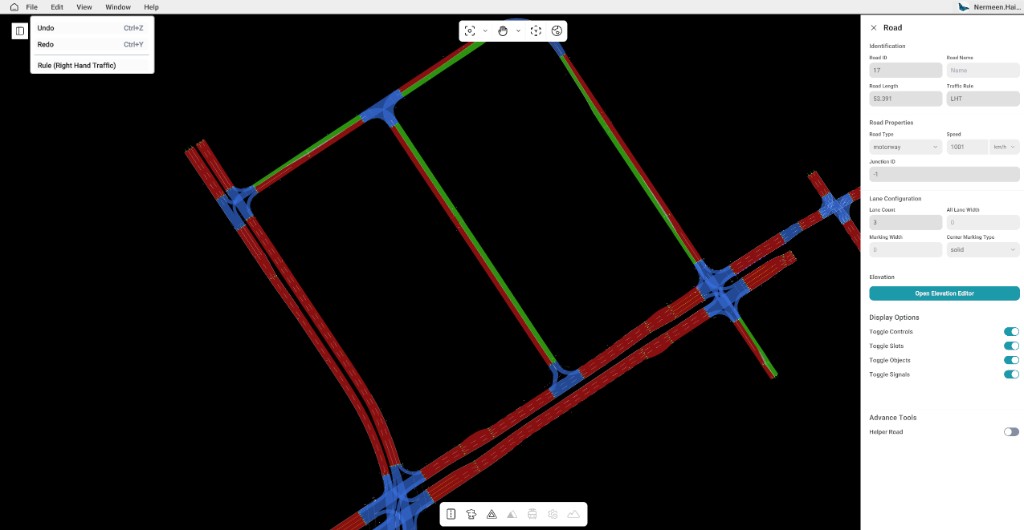 Road properties panel showing Traffic Rule set to LHT on a left-hand traffic map