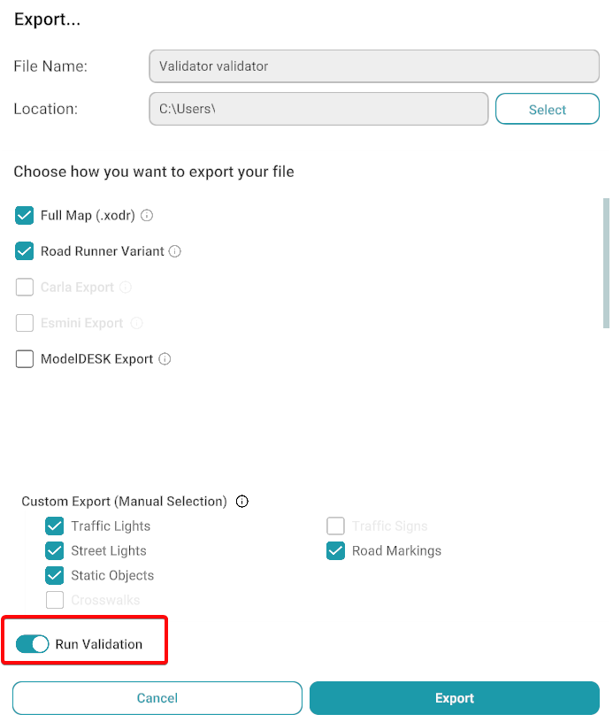 Export Map dialog with Run Validation toggle enabled