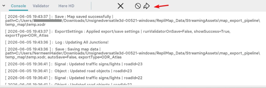 Console panel with export icon for saving validation logs to a text file