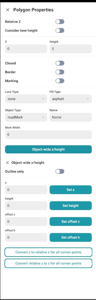 Polygon Properties panel: Relative Z, Consider lane height, z, Height, Closed, Border, Marking, Lane Type, Fill Type, Object Type, Name, Mark Width, and Object-wide z/height