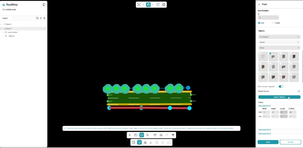 Repeatable objects: road selected, path anchors on the canvas, Path panel on the right