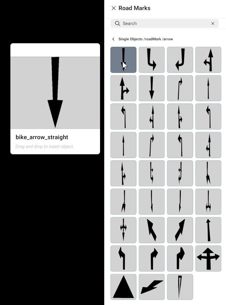 Road Marks panel: search, category path, arrow presets, and drag-and-drop preview card