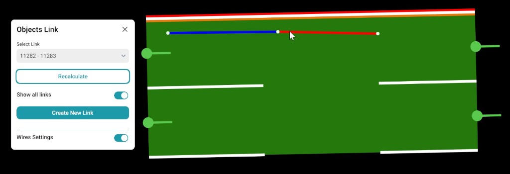 Suspended cable: Objects Link panel with selected link, and canvas showing pole connections with red and blue cable links