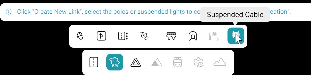 Object bar: Suspended Cable tool selected with link-creation hint; bottom toolbar with Objects category active