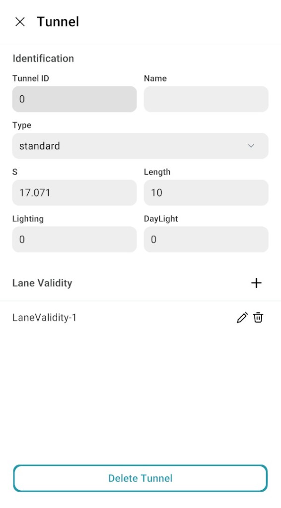Tunnel Properties panel: Identification, Type, S, Length, Lighting, Lane Validity, and Delete Tunnel