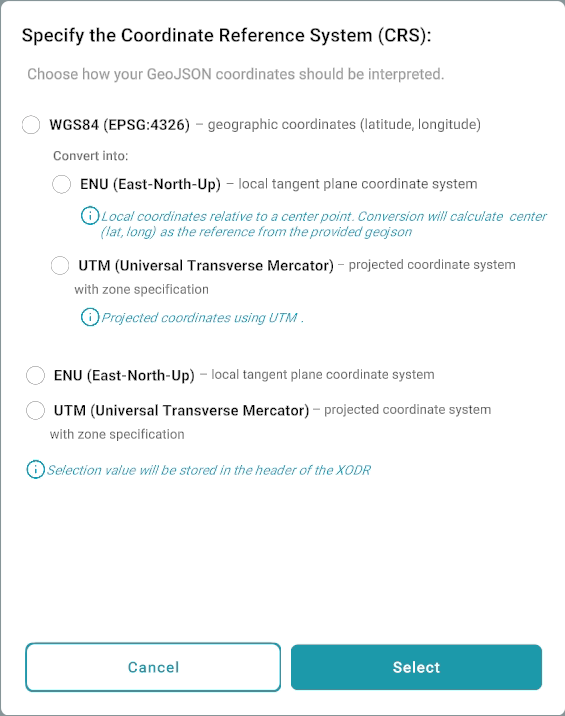 Specify the Coordinate Reference System (CRS): choose WGS84 with conversion to ENU or UTM, or select ENU or UTM directly