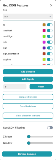 GeoJSON panel: features by field, elevation and signals actions, filtering