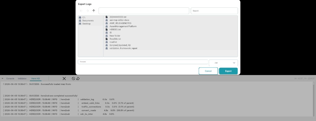 Here-to-ODR console with conversion logs and Export Logs save dialog