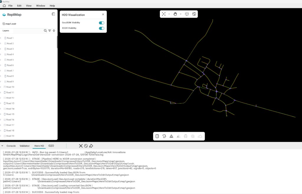 HERE to XODR conversion result on the canvas with H2O Visualization toggles and Here HD console log