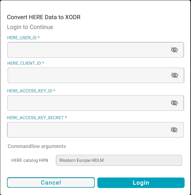 HERE credentials dialog for HERE to XODR conversion