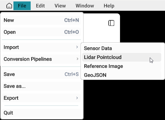 File menu with Import and LiDAR Pointcloud selected