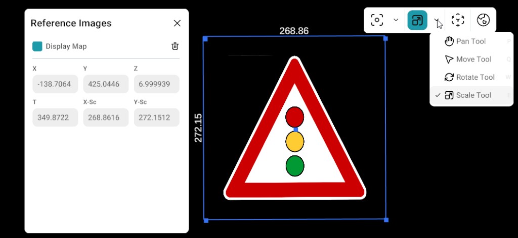 Reference image panel with resize handles and gizmo scale tool