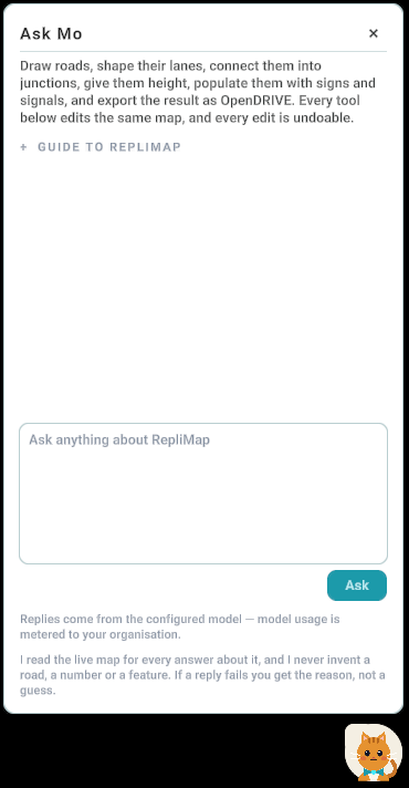 Ask RepliCat AI Assistant panel: chat input, Ask button, and guide link