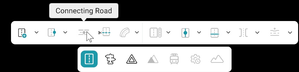 Road editing bar: Connecting Road tool selected; bottom toolbar with Road category active