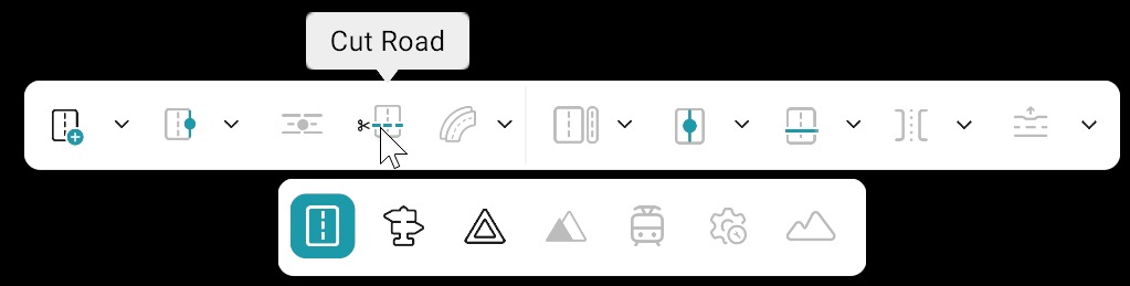 Road editing bar: Cut Road tool selected; bottom toolbar with Road category active