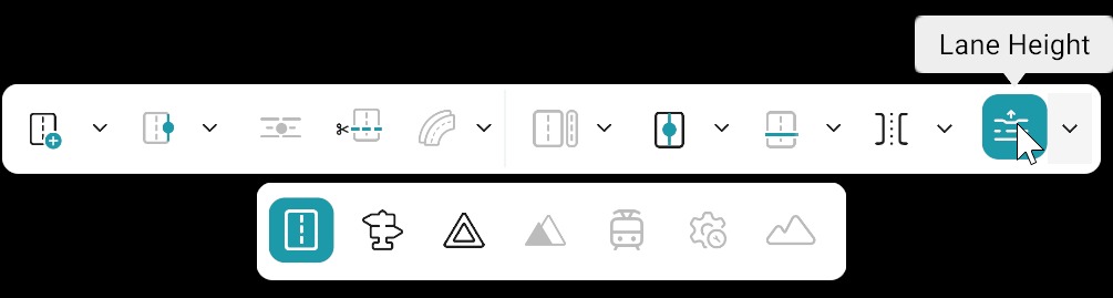 Road editing bar: Lane Height tool selected; bottom toolbar with Road category active