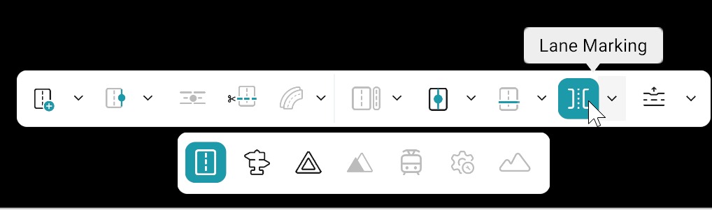 Road editing bar: Lane Marking tool selected; bottom toolbar with Road category active