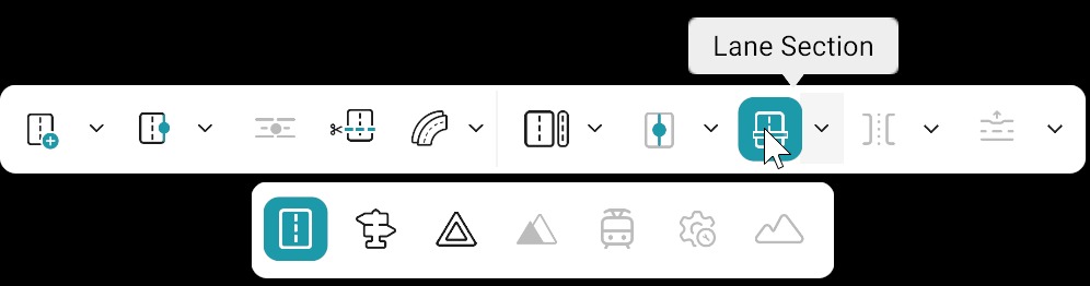 Road editing bar: Lane Section tool selected; bottom toolbar with Road category active