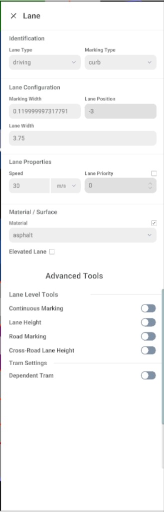 Lane properties sidebar: identification, lane width, speed, material, advanced toggles
