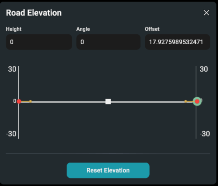 Road Elevation editor: Height, Angle, Offset fields, profile graph, and Reset Elevation button