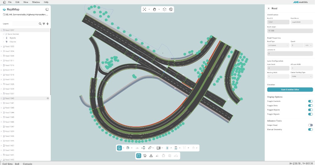 RepliMap: road network on the canvas with Layers, Road editing bar, and Road properties panel