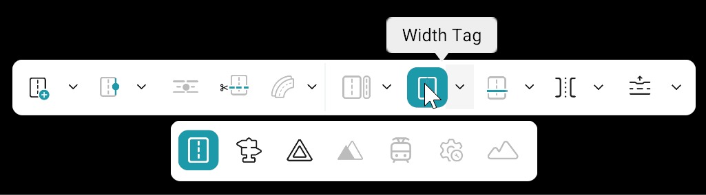 Road editing bar: Width Tag tool selected; bottom toolbar with Road category active