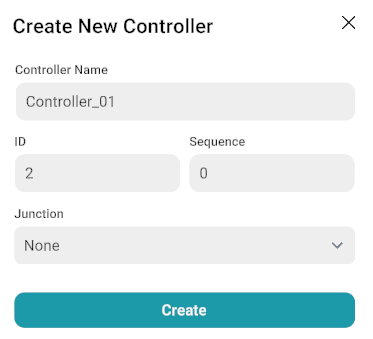 Create New Controller dialog with Controller Name, ID, Sequence, Junction, and Create button