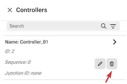 Controllers list with Delete icon highlighted beside Controller_01