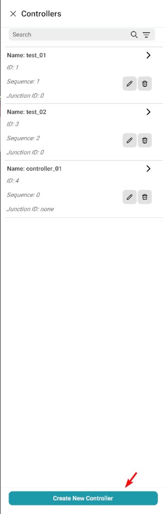 Controllers panel with search, filter, controller list, and Create New Controller button