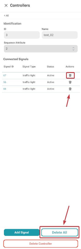 Controller details with Delete icon beside a linked signal and Delete All button highlighted