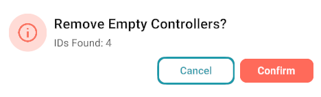 Remove Empty Controllers confirmation dialog showing IDs Found and Confirm button