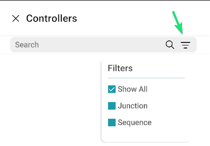 Controllers panel search bar and Filters dropdown with Show All, Junction, and Sequence