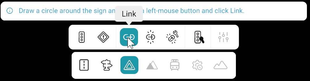 Signals bar: Link tool selected with selection hint; bottom toolbar with Signals category active