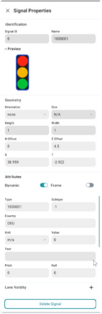 Signal Properties panel: Identification, Preview, Geometry, Attributes, Lane Validity, and Delete Signal
