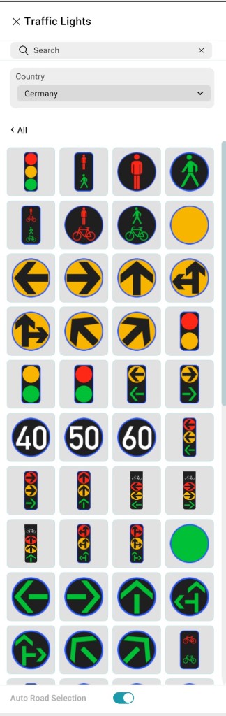 Traffic Lights panel: search, Country selection, signal grid, and Auto Road Selection