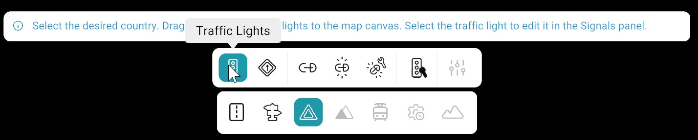 Signals bar: Traffic Lights tool selected with placement hint; bottom toolbar with Signals category active