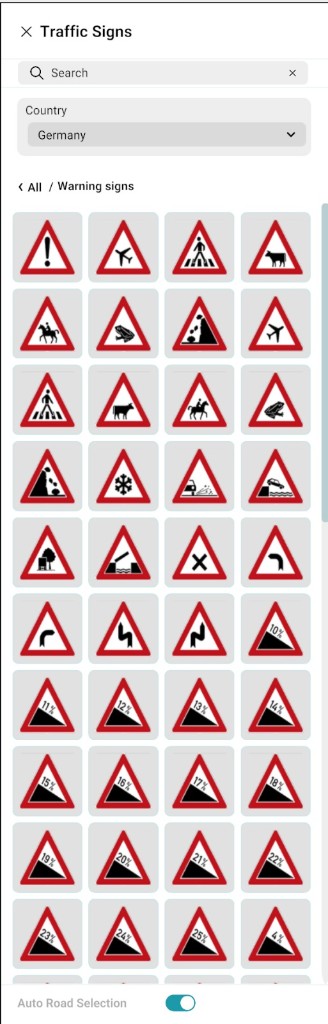 Traffic Signs panel: search, Country selection, warning-sign grid, and Auto Road Selection